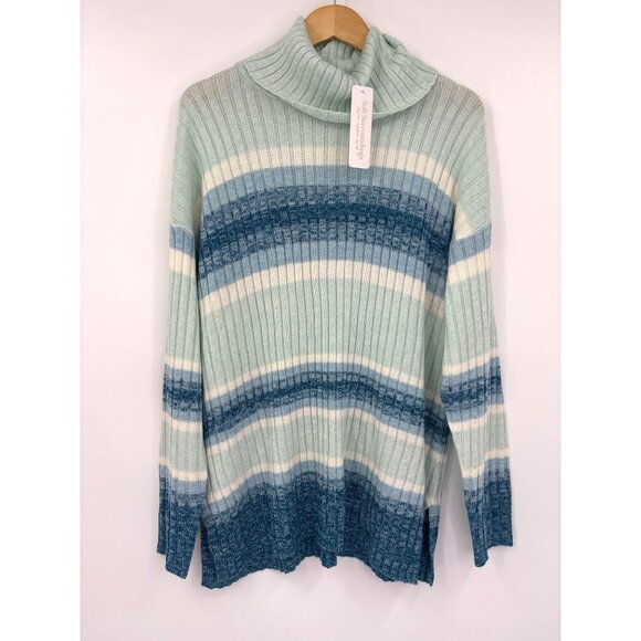 Soft Surroundings Favila Striped Cowl Neck Sweater Ribbed Mint Teal Large NEW - Picture 2 of 6